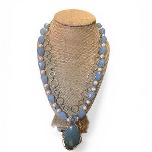Wire-Wrapped Blue Pendant and Beaded Necklace